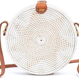 Round Rattan Bag for Women - Handmade Straw Bags - Wicker Purse - Brown White Ci